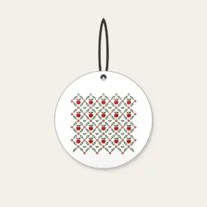 Orchard Diamond Lattice Ceramic Ornament in white: A diamond lattice with small apple and leaf motifs in red, cream and green.