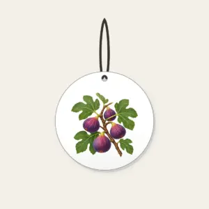 Fig Branch with Plump Purple Figs Ceramic Ornament in white: A fig branch carrying plump purple figs and broad green leaves on a cream ground.
