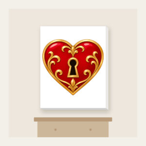 Heart and Keyhole in Red and Gold Canvas Print in white: A small heart with a keyhole in red and gold on a clean ground.