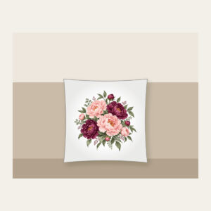 Blush and Plum Peony Clusters Pillow in white: Full peony clusters in blush, plum and sage drift across the artwork in an all-over pattern.