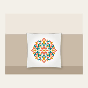 Petal Mosaic Kaleidoscope Pillow in white: Symmetrical petal mosaics in coral, teal, mustard and cream.