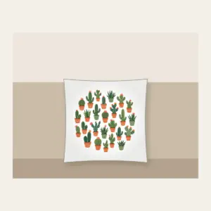 Potted Cacti in Terracotta Pillow in white: Potted cacti in terracotta and green repeat on a cream ground.