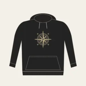 Compass Rose with Four Stars Hoodie in black: A compass rose drawn in fine cream lines, with four tiny stars around it.