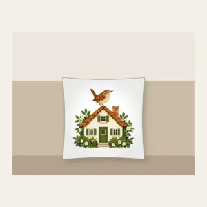 Wren on the Rooftop Pillow in white: A small house with a wren on its roof in warm brown, cream and green.