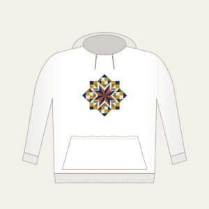 Star Medallion Patchwork Hoodie in white: An eight-point star medallion in navy, cream and rust with mustard and sage patchwork squares.