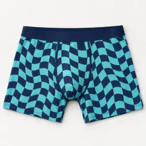Checkerboard Wave Boxer Briefs with a checkerboard pattern where squares ripple like waves in navy and aqua