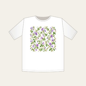 Sweet Peas Climbing a Lattice T-Shirt in white: Sweet peas climb an all-over lattice in lilac and green on cream.