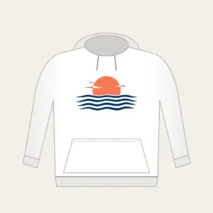 Rising Sun over a Navy Horizon Hoodie in white: Navy horizon lines meet a small warm coral sun, with a few tiny white clouds.