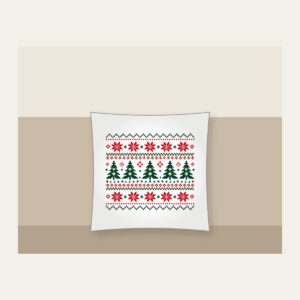 Fair Isle Pines and Stars in Red Pillow in white: Knit-inspired rows of pines and stars in red, cream and green repeat in tidy bands.