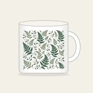 Fern and Berry Repeat Mug in white: A repeat of ferns and tiny berries in sage, deep green and cream.