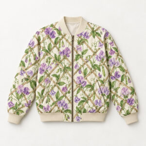 Sweet Pea Trellis Bomber Jacket with all-over lattice trellis with climbing sweet peas in lilac and green on cream