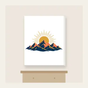 Mountain Range with a Golden Sunrise Disc Canvas Print in white: A mountain range at sunrise with a golden sun disc at the center in navy, coral and gold.