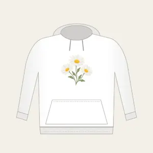 Chain of Three Daisies Hoodie in white: Three daisies in white and butter yellow link along a single sage stem.