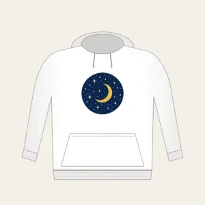 Midnight Stars and Golden Crescent Moon Hoodie in white: A midnight-blue field with small cream stars and a gold crescent moon.