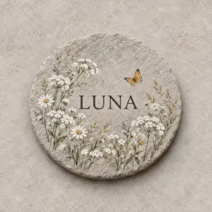 Quiet Meadow Memorial Stone with an original remembered with love illustration
