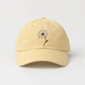 Little Daisy Dad Hat with small front print of a single daisy with a curved stem in white and deep brown