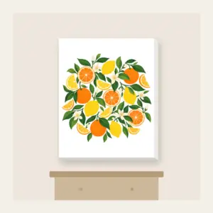 Citrus Slice Sorbet Pattern Canvas Print in white: Citrus slices and leaves in orange, lemon and green spread across cream.