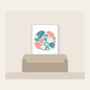 Palm Fronds and Wave Lines Fleece Blanket in white: Palm fronds and flowing wave lines in teal, coral and cream.