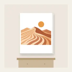Dune Ripples with a Small Sun Canvas Print in white: Sand dune ripples in warm tan, terracotta and cream under a small sun.