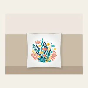Tropical Fish School and Seaweed on Navy Pillow in white: A school of small tropical fish and seaweed in coral, yellow and teal swims on navy.