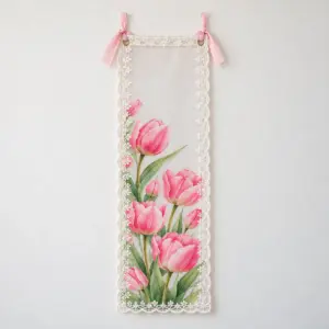 Tulip Lace Welcome Banner with saturated pink tulips with green stems rising from the lower end of the long narrow banner, leaving the upper part open
