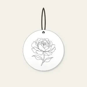 Peony in One Line Ceramic Ornament in white: A single peony drawn in one continuous black line with two leaves.