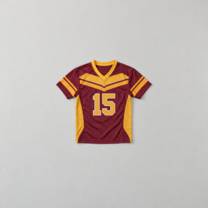 Youth Mesh Football Jersey with Shield Stripes with shield-shaped stripes across the chest in maroon and gold with number "15"