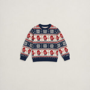Fair Isle Mitten Youth Sweater with all-over Fair Isle-style rows of mittens and snowflakes in red, cream and navy