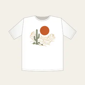 Desert Sun and Canyon Lines T-Shirt in white: A rust-orange sun disc over sparse canyon contour lines and one sage cactus silhouette, flat screen look.