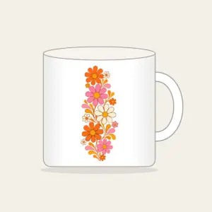 Retro Daisy Rows in Orange and Pink Mug in white: Retro daisies climb upward in orange, pink and cream.