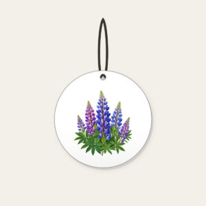 Wild Lupine Meadow Spires Ceramic Ornament in white: Tall wild lupine flowers in violet and blue with green leaves.