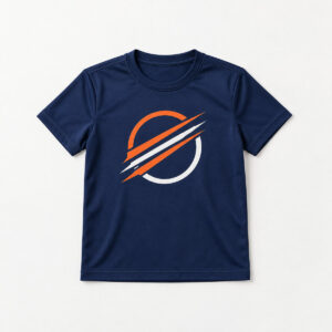 Rally Stripe Youth Sport Tee with chest print of three diagonal stripes in orange and white crossing a bold circle