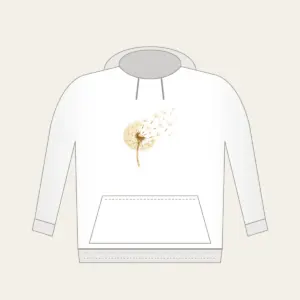 Dandelion Seeds Drifting Away Hoodie in white: A dandelion seed head with its seeds drifting away in cream and pale gold.