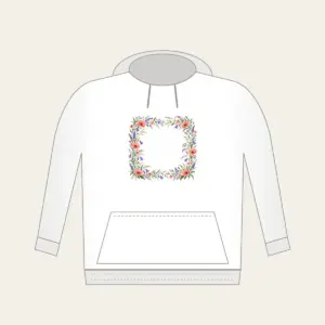 Roadside Wildflower Border Hoodie in white: A loose border of coral, violet and green wildflowers and grasses along the edges, leaving the center open.