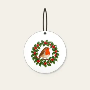 Robin in a Holly Wreath Ceramic Ornament in white: A robin perches in a holly wreath in red, brown and green.
