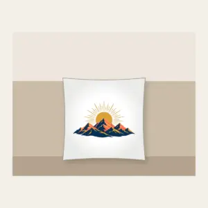 Mountain Range with a Golden Sunrise Disc Pillow in white: A mountain range at sunrise with a golden sun disc at the center in navy, coral and gold.