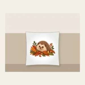 Hedgehog Among Fallen Leaves Pillow in white: A small hedgehog wanders among fallen leaves in brown, rust and green.