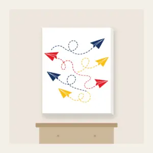 Paper Planes and Dotted Flight Paths Canvas Print in white: Paper planes trace dotted flight paths across cream in navy, red and yellow.