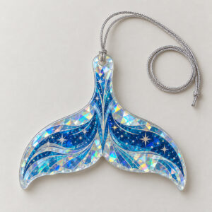 Prism Whale Hologram Ornament with a whale tail design printed in blue and silver with tiny stars and prismatic broken-glass shimmer