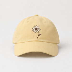 Little Daisy Dad Hat with small front print of a single daisy with a curved stem in white and deep brown