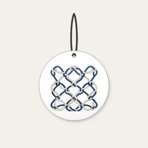 Navy Rope Knot Lines Ceramic Ornament in white: Rope knot lines weave across the artwork in navy and cream.