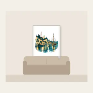 Harbour Lanterns and Masts Fleece Blanket in white: Harbour lanterns, masts and ripples in teal, amber and cream.