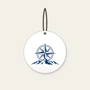Compass Rose over a Ridge Line Ceramic Ornament in white: A compass rose rests over a simple ridge line in navy and white.