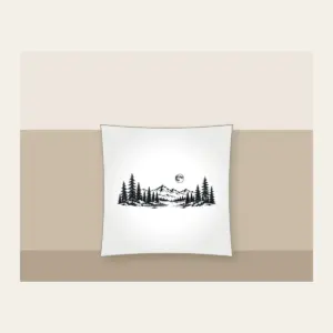 Pine Tree Line and Crescent Moon Pillow in white: A single-tone pine tree in line drawing with a small moon curled around it.