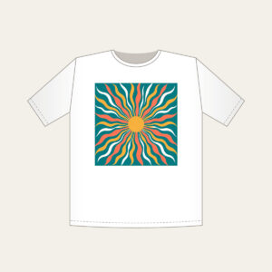 Sunrise Lines in Coral and Gold on Teal T-Shirt in white: All-over sunrise lines in coral, gold and white on a teal ground.
