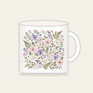 Pressed Posies and Ferns Mug in white: Pressed-flower posies and ferns in lilac, blush and sage arranged all over a cream ground.