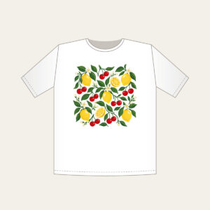 Cherry and Lemon Orchard Pattern T-Shirt in white: Cherries, lemons and leaves in red, yellow and green scattered across a cream field.
