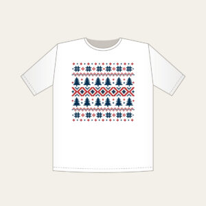 Fair-Isle Pines and Stars T-Shirt in white: Fair-isle bands of pines, stars and diamonds in cream, brick red and navy.