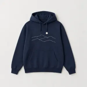 Layered Ridgeline Pullover Hoodie with chest print of three layered ridgelines in thin cream lines with a small moon disc above