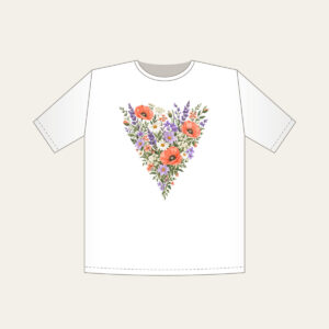 Wildflower Meadow in Coral and Lilac T-Shirt in white: A single tall wildflower meadow in coral, lilac, green and cream narrows to a point at the lower edge.